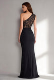 Black Mermaid One Shoulder Lace Long Formal Dress with Slit