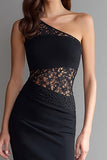 Black Mermaid One Shoulder Lace Long Formal Dress with Slit