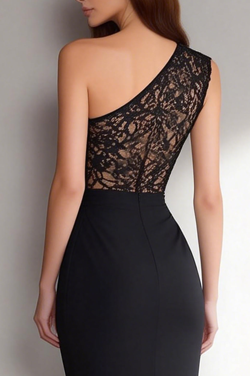 Black Mermaid One Shoulder Lace Long Formal Dress with Slit