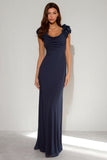 Navy Mermaid Cowl Neck Long Formal Dress with 3D Flowers