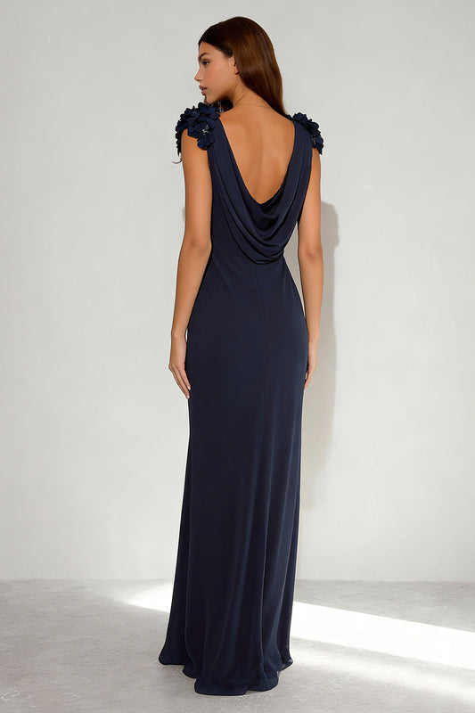 Navy Mermaid Cowl Neck Long Formal Dress with 3D Flowers
