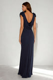 Navy Mermaid Cowl Neck Long Formal Dress with 3D Flowers