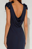 Navy Mermaid Cowl Neck Long Formal Dress with 3D Flowers