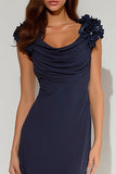 Navy Mermaid Cowl Neck Long Formal Dress with 3D Flowers