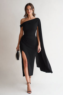 Black Bodycon One Shoulder Midi Formal Dress with Side Cape