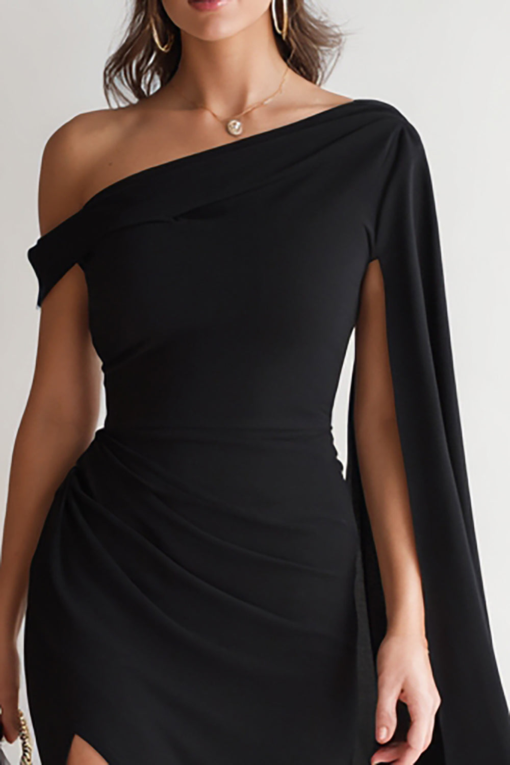 Black Bodycon One Shoulder Midi Formal Dress with Side Cape