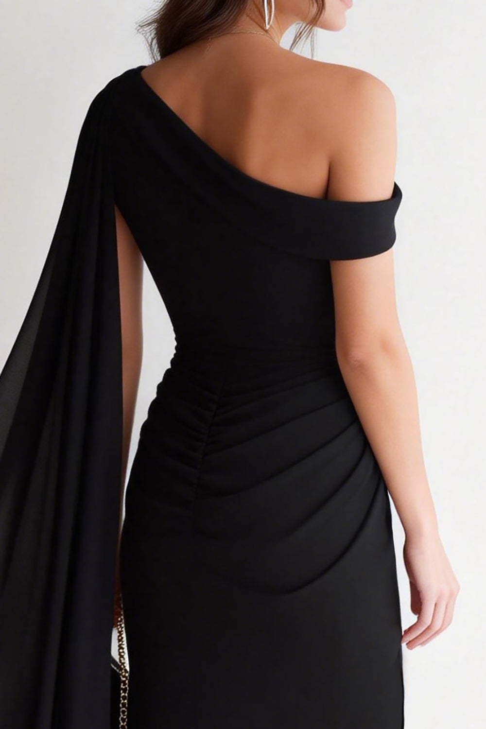 Black Bodycon One Shoulder Midi Formal Dress with Side Cape