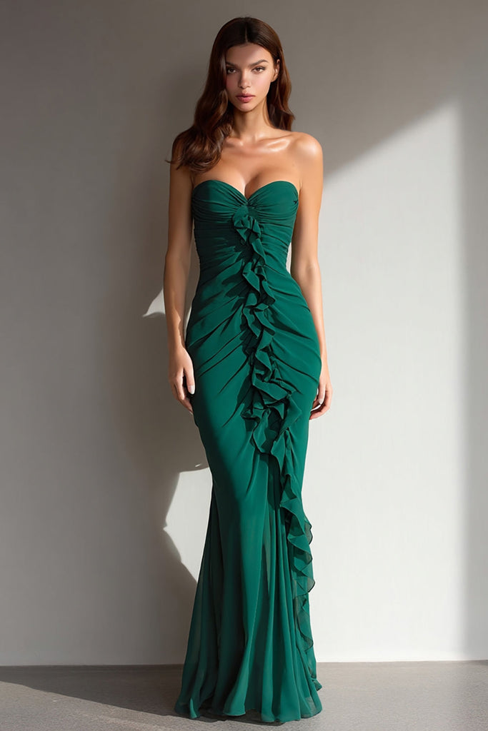Zapaka Women Dark Green Sweetheart Long Formal Dress with Ruffles