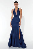 Navy Mermaid Halter Neck Backless Long Formal Dress with Slit