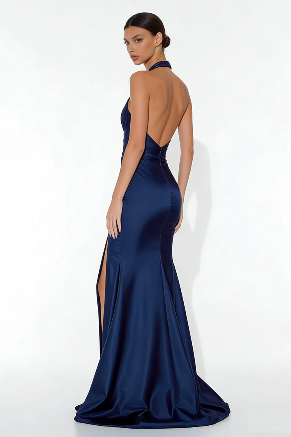 Navy Mermaid Halter Neck Backless Long Formal Dress with Slit