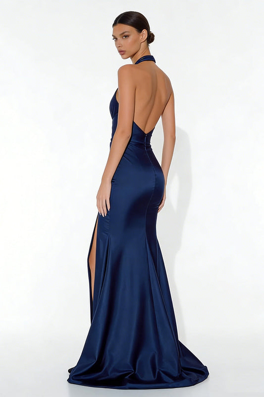 Navy Mermaid Halter Neck Backless Long Formal Dress with Slit