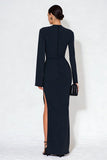 Navy Mermaid High Neck Long Sleeves Formal Dress with Slit