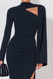 Navy Mermaid High Neck Long Sleeves Formal Dress with Slit