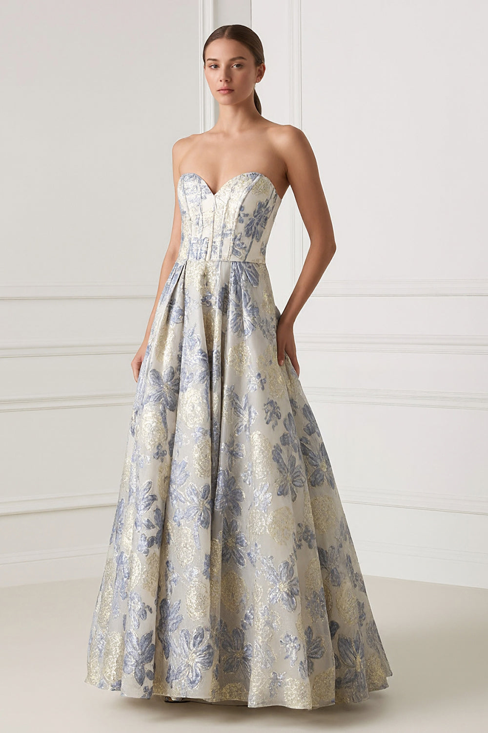 Floral Dusty Blue A Line Sweetheart Long Corset Formal Dress