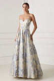 Floral Dusty Blue A Line Sweetheart Long Corset Formal Dress