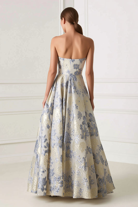 Floral Dusty Blue A Line Sweetheart Long Corset Formal Dress