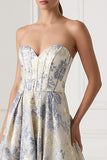Floral Dusty Blue A Line Sweetheart Long Corset Formal Dress