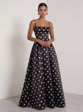 Black and White Polka Dots  A Line Satin Spaghetti Straps Long Formal Dress