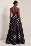 Black and White Polka Dots  A Line Satin Spaghetti Straps Long Formal Dress