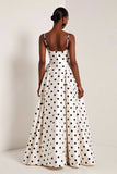 Black and White Polka Dots  A Line Satin Spaghetti Straps Long Formal Dress