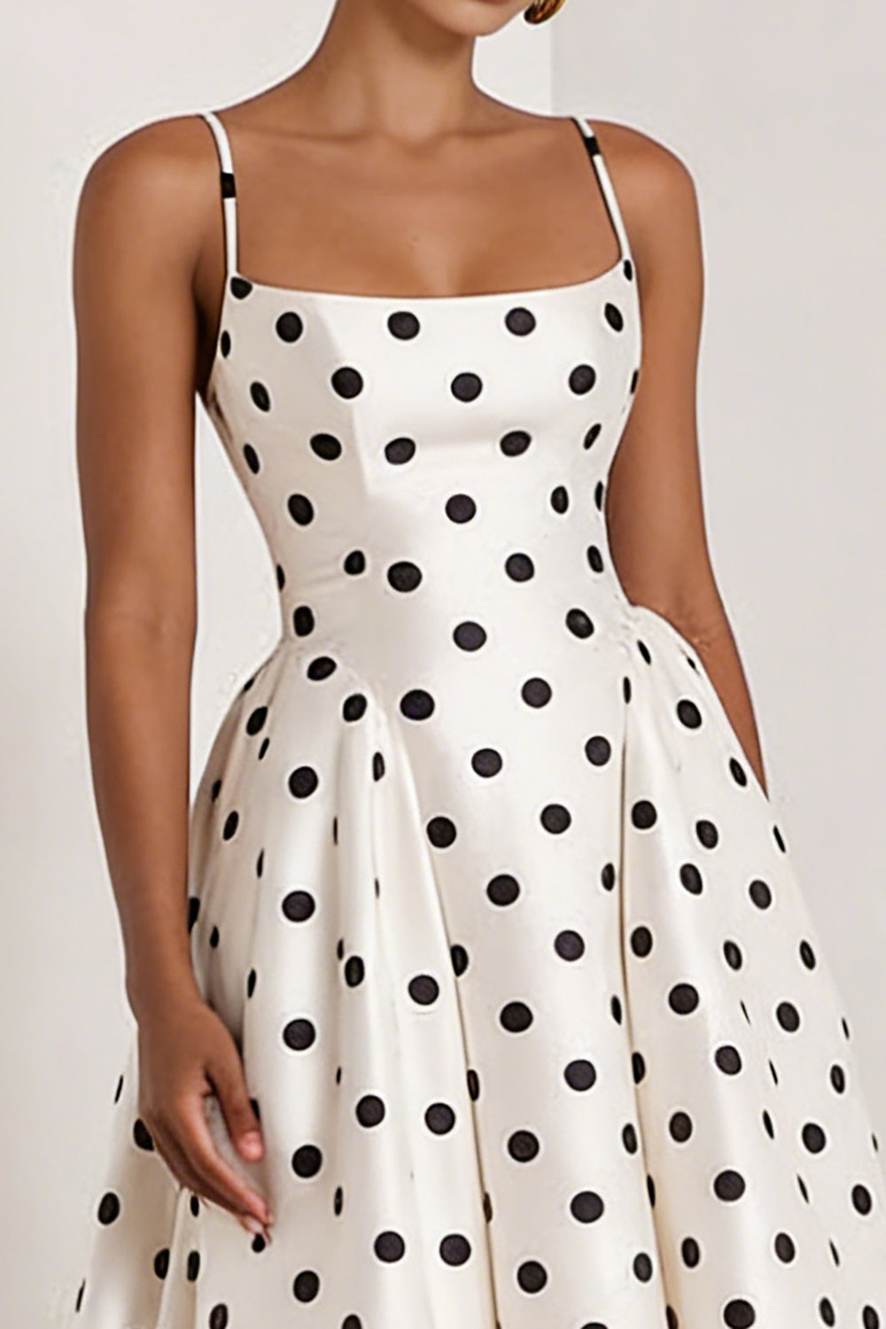 Black and White Polka Dots  A Line Satin Spaghetti Straps Long Formal Dress