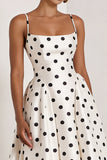 Black and White Polka Dots  A Line Satin Spaghetti Straps Long Formal Dress