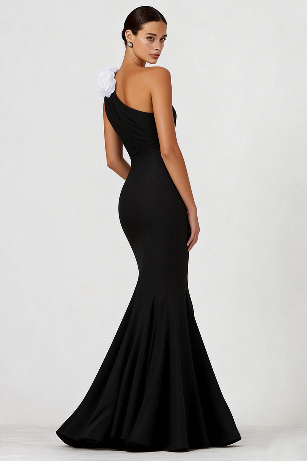 Black Mermaid One Shoulder Long Formal Dress with 3D Flower