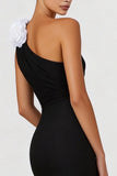 Black Mermaid One Shoulder Long Formal Dress with 3D Flower