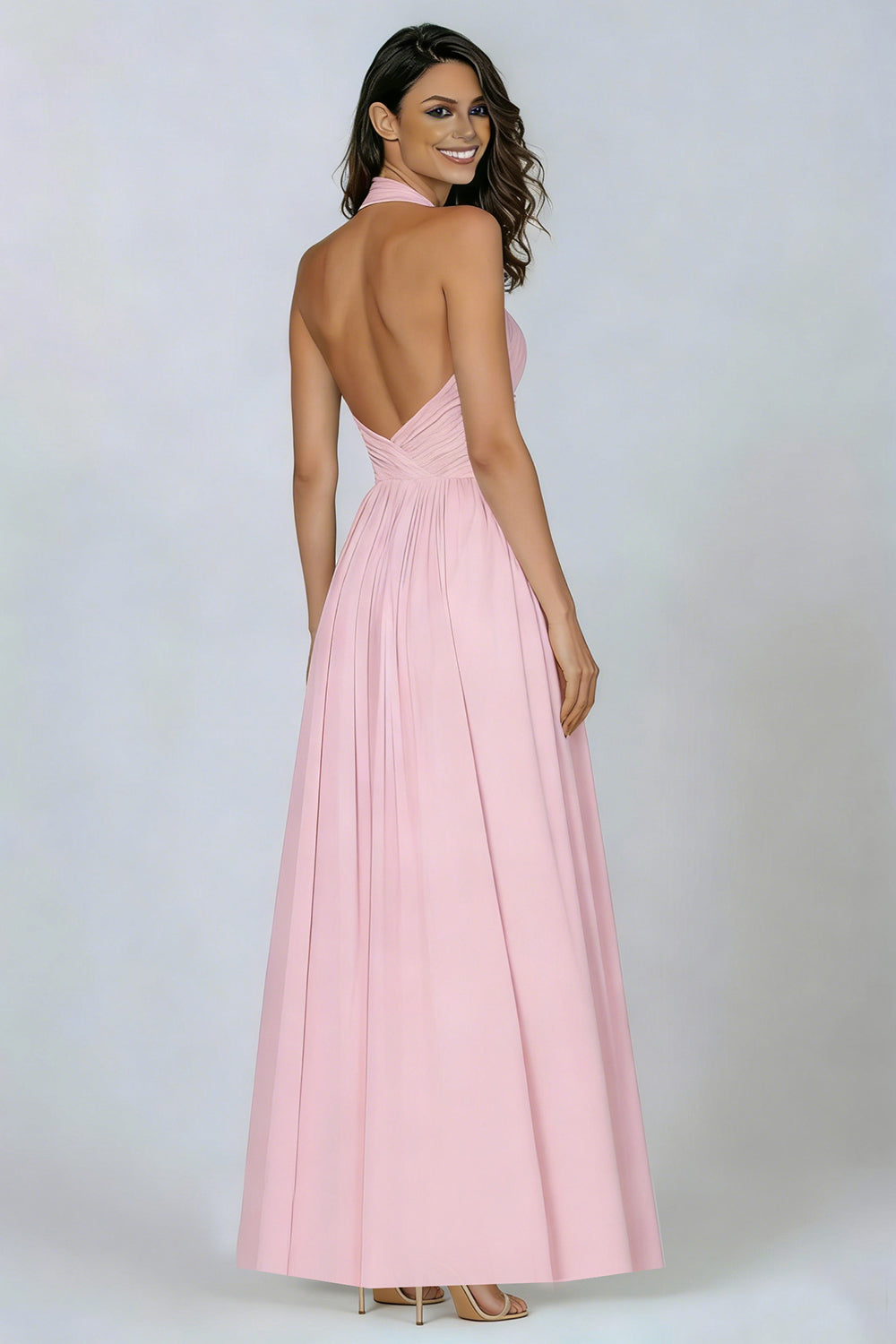 Pink Pleated Halter Neck A Line Long Formal Dress with Keyhole