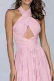 Pink Pleated Halter Neck A Line Long Formal Dress with Keyhole