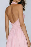 Pink Pleated Halter Neck A Line Long Formal Dress with Keyhole
