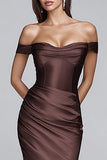 Coffee Mermaid Off the Shoulder Ruched Long Formal Dress