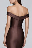 Coffee Mermaid Off the Shoulder Ruched Long Formal Dress