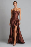 Brown Mermaid Sweetheart Ruffled Asymmetrical Formal Dress with Slit