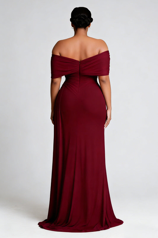 Burgundy Sheath Plus Size Off the Shoulder Long Formal Dress with Slit