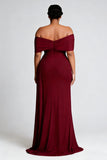 Burgundy Sheath Plus Size Off the Shoulder Long Formal Dress with Slit