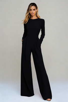 Black Round Neck Long Sleeves Formal Jumpsuits