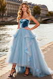 Sparkly Sky Blue Velvet Tulle A Line Long Prom Dress with Ruffles
