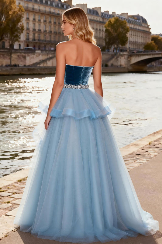 Sparkly Sky Blue Velvet Tulle A Line Long Prom Dress with Ruffles