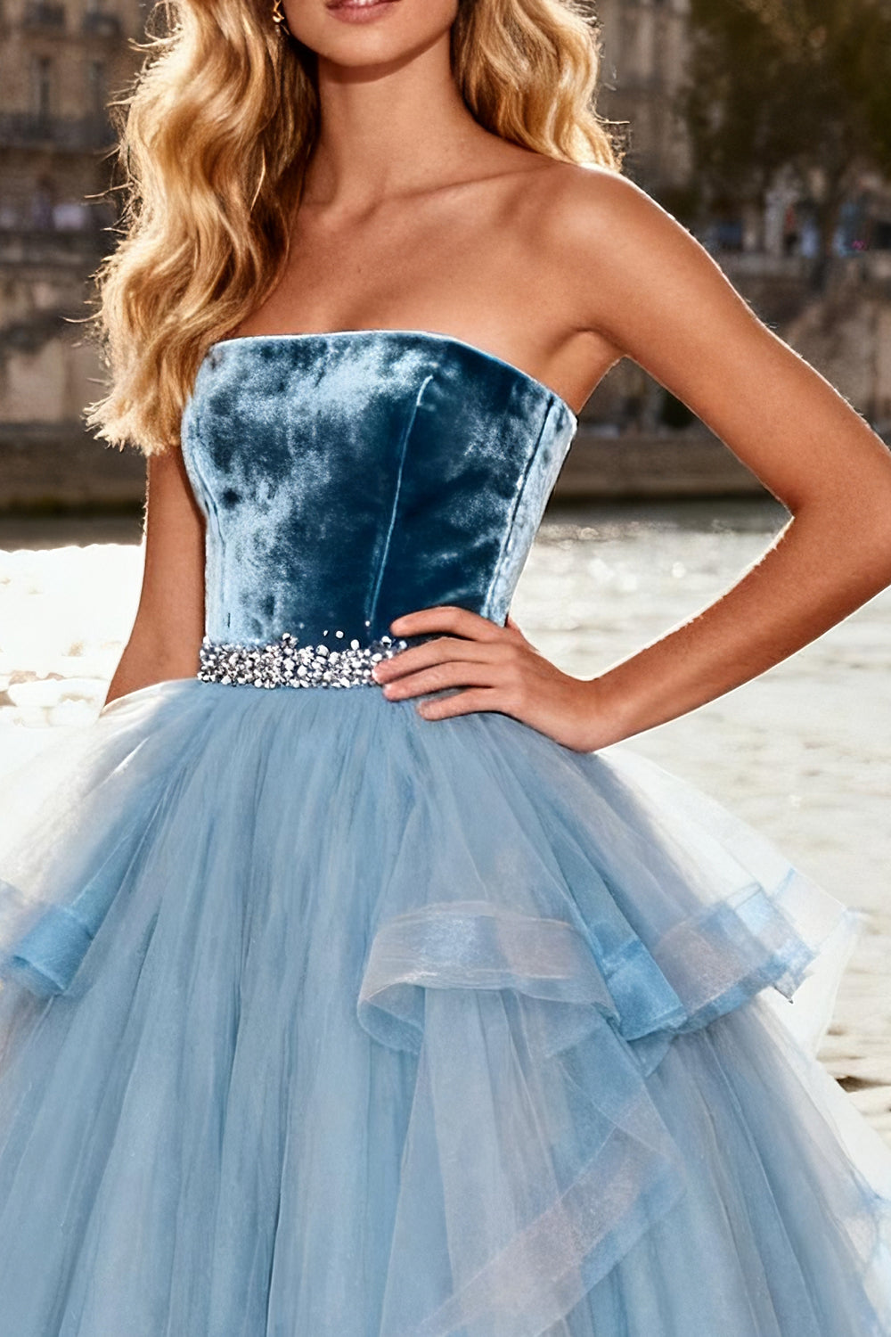 Sparkly Sky Blue Velvet Tulle A Line Long Prom Dress with Ruffles