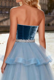 Sparkly Sky Blue Velvet Tulle A Line Long Prom Dress with Ruffles