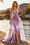 Sparkly Purple Beaded Velvet Ruffled Long Prom Dress with Cape