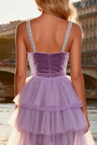 Sparkly Purple Beaded Velvet Ruffled Long Prom Dress with Cape