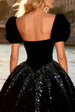 Sparkly Black Beaded Velvet A Line High-Low Prom Dress