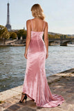 Sparkly Pink Beaded Velvet Mermaid Long Prom Dress