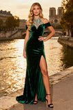 Sparkly Dark Green Beaded Velvet Long Corset Prom Dress with Slit