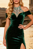 Sparkly Dark Green Beaded Velvet Long Corset Prom Dress with Slit