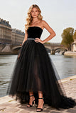 Sparkly Black Beaded A Line Tulle Strapless Long Prom Dress