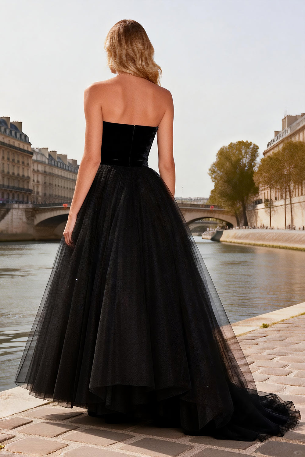 Sparkly Black Beaded A Line Tulle Strapless Long Prom Dress