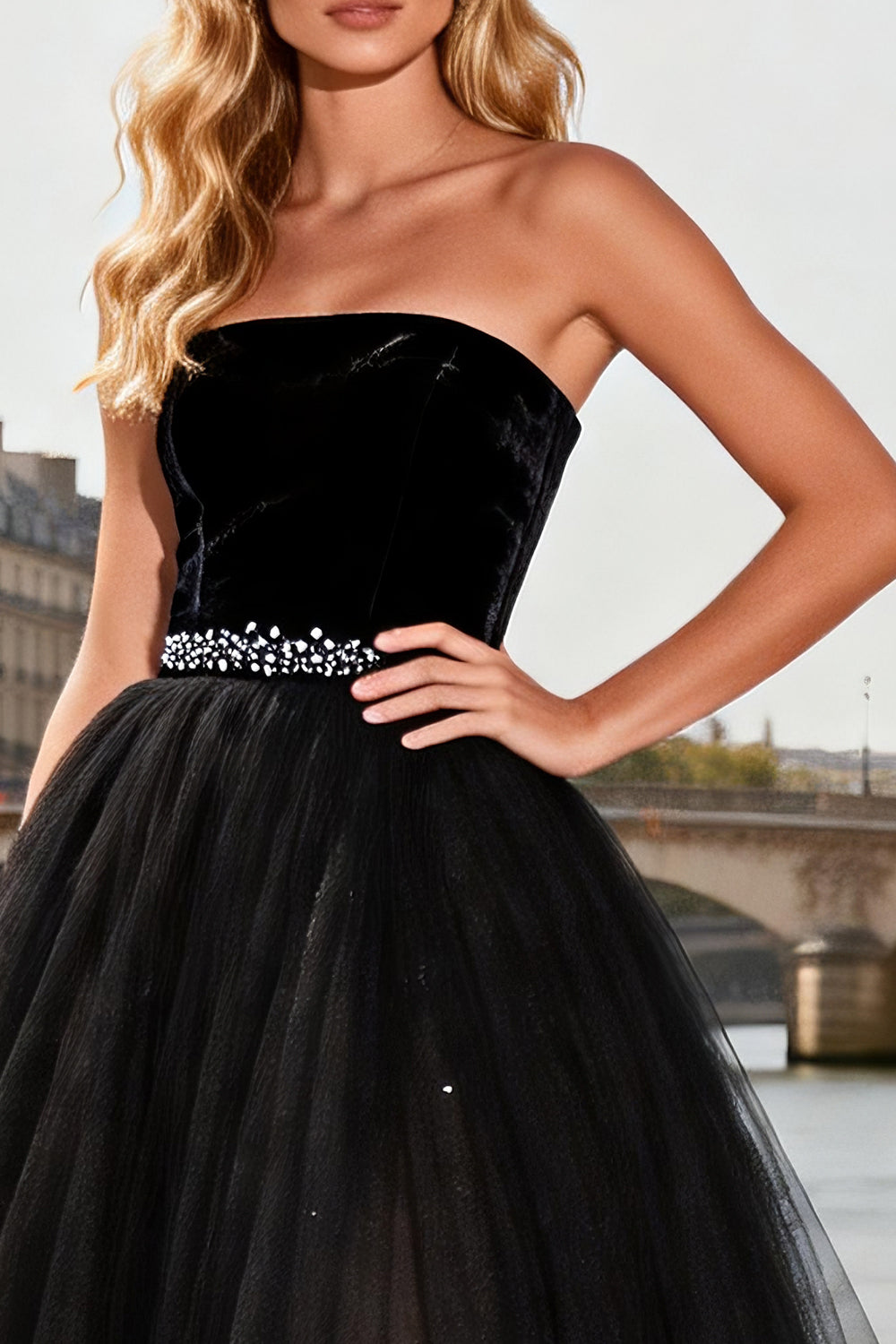 Sparkly Black Beaded A Line Tulle Strapless Long Prom Dress